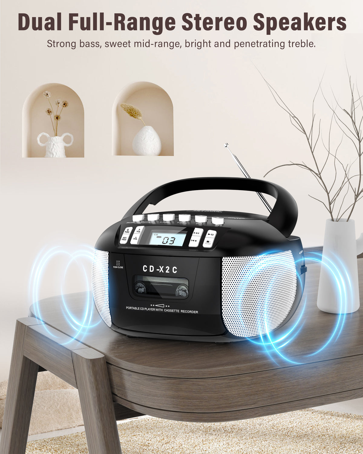 Greadio CD Cassette CD Boombox Player with AUX Input, Portable Boombox CD Player with Good Sound, CD Boombox with FM Radio, CD Player with Speakers