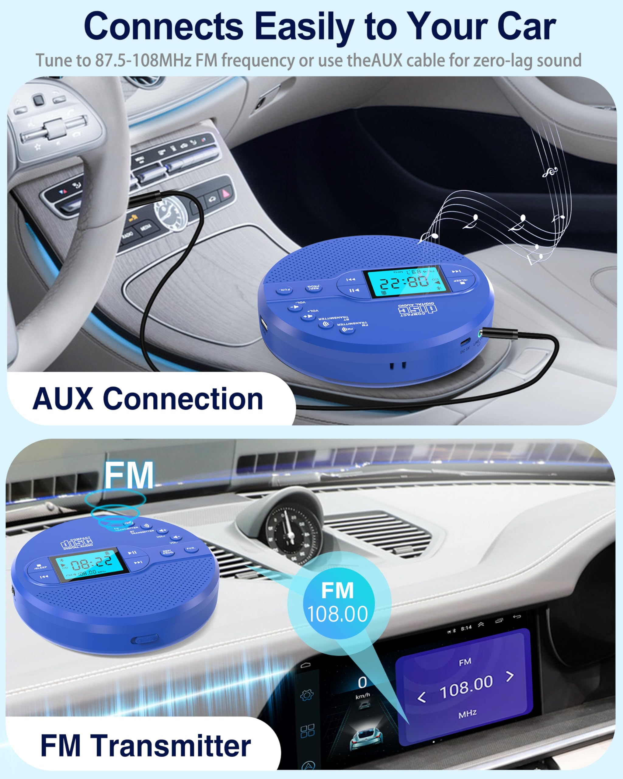 NEW 2025 CD Player Portable with Bluetooth, Greadio 2000mAh Rechargeable Discman CD Player for Car（Blue)