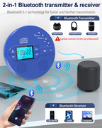 NEW 2025 CD Player Portable with Bluetooth, Greadio 2000mAh Rechargeable Discman CD Player for Car（Blue)