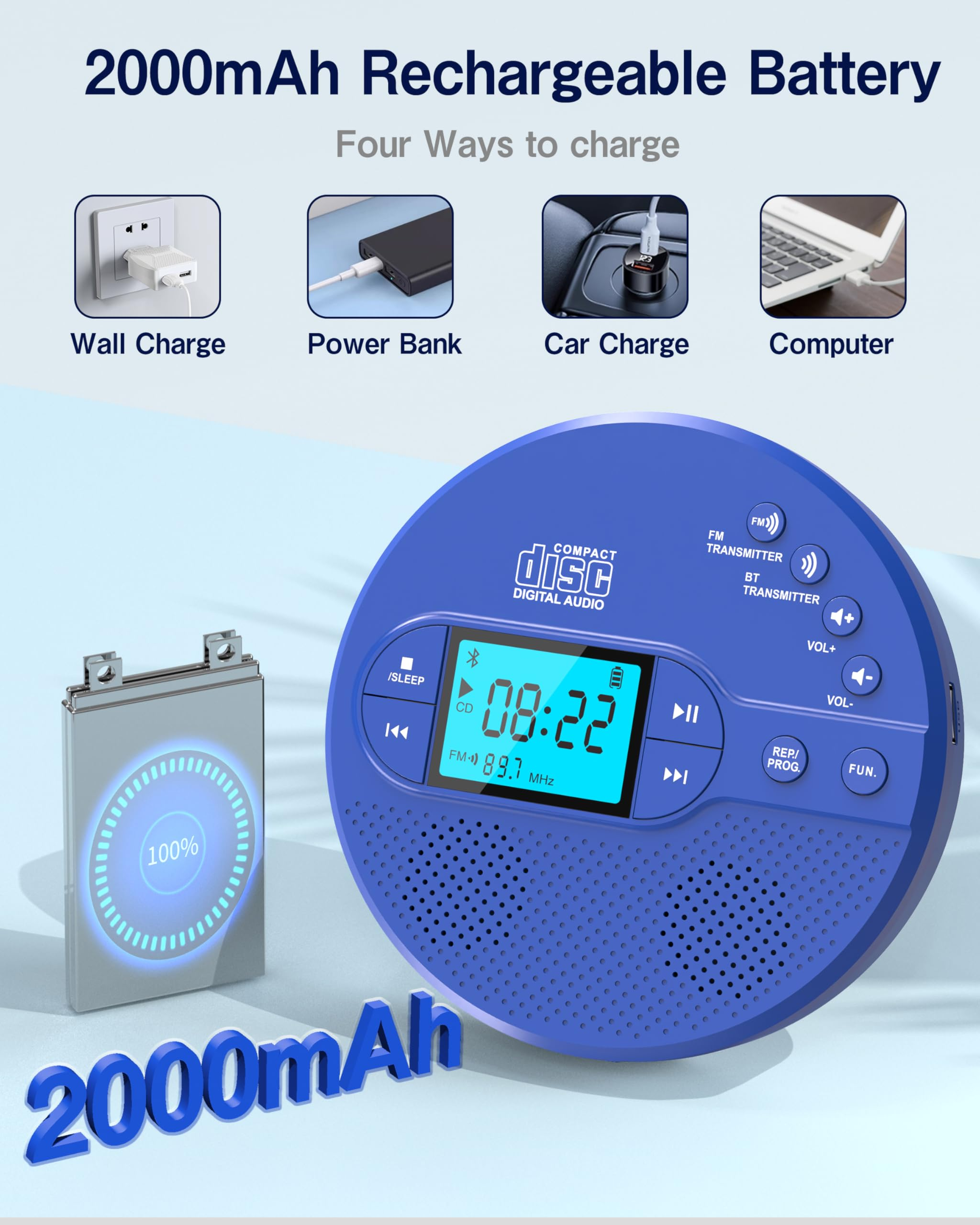 NEW 2025 CD Player Portable with Bluetooth, Greadio 2000mAh Rechargeable Discman CD Player for Car（Blue)