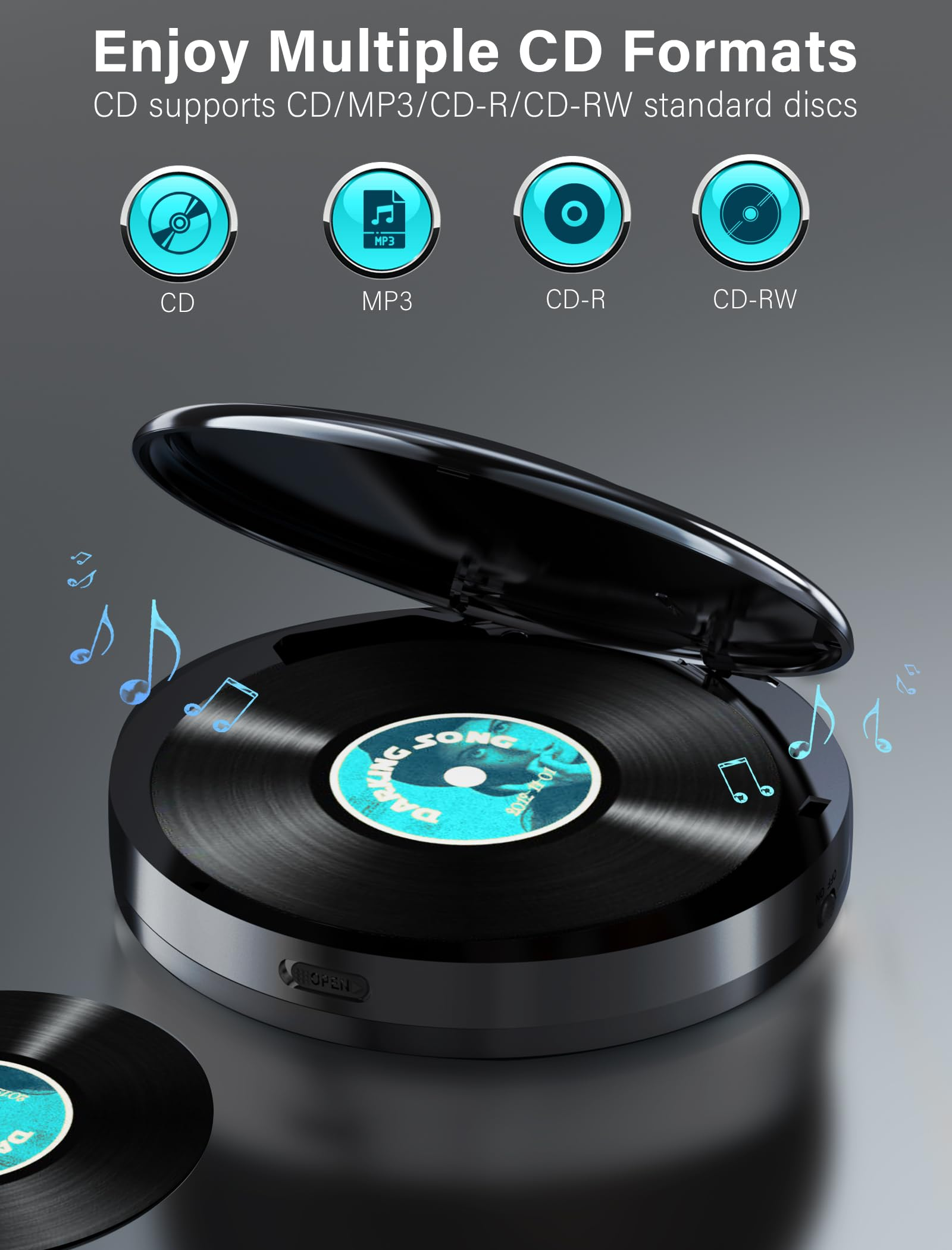 Portable CD Player with Bluetooth, CD Player for Car with USB Port, for Adult, Jogging