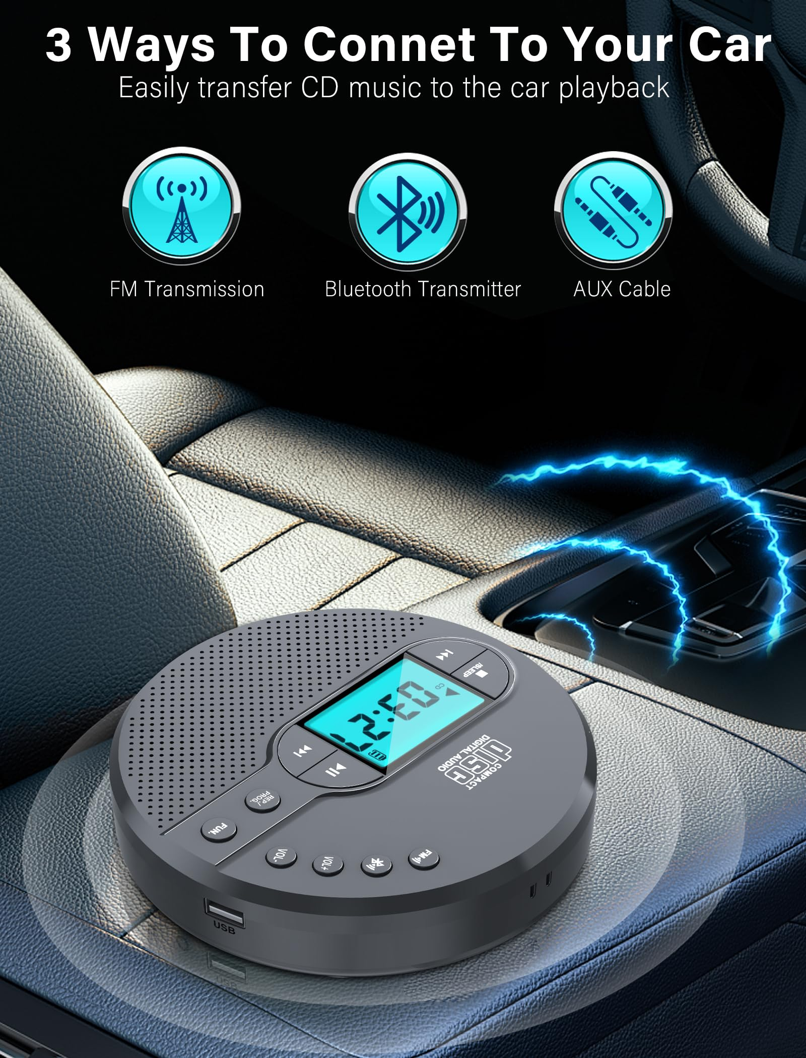 Portable CD Player with Bluetooth, CD Player for Car with USB Port, for Adult, Jogging